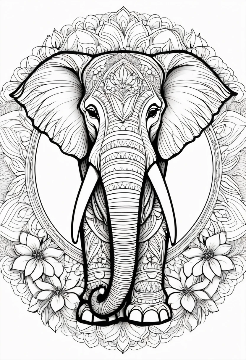 A striking black and white line art coloring page designed for adults with white background, featuring a majestic Asian Elephant in a mandala-inspired style. The Asian Elephant is adorned with intricate patterns that include floral and geometric designs, making it an engaging and detailed work of art. The illustration focuses on crisp, clean lines and bold outlines, without any shading or color, allowing the user to bring their own vibrancy to the piece. The minimalistic design, with its thick lines and absence of background details, creates a soothing coloring experience for adults seeking calming and creative activities. illustration
