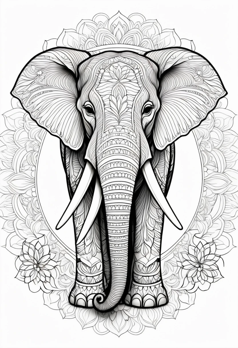 A striking black and white line art coloring page designed for adults with white background, featuring a majestic Asian Elephant in a mandala-inspired style. The Asian Elephant is adorned with intricate patterns that include floral and geometric designs, making it an engaging and detailed work of art. The illustration focuses on crisp, clean lines and bold outlines, without any shading or color, allowing the user to bring their own vibrancy to the piece. The minimalistic design, with its thick lines and absence of background details, creates a soothing coloring experience for adults seeking calming and creative activities. illustration