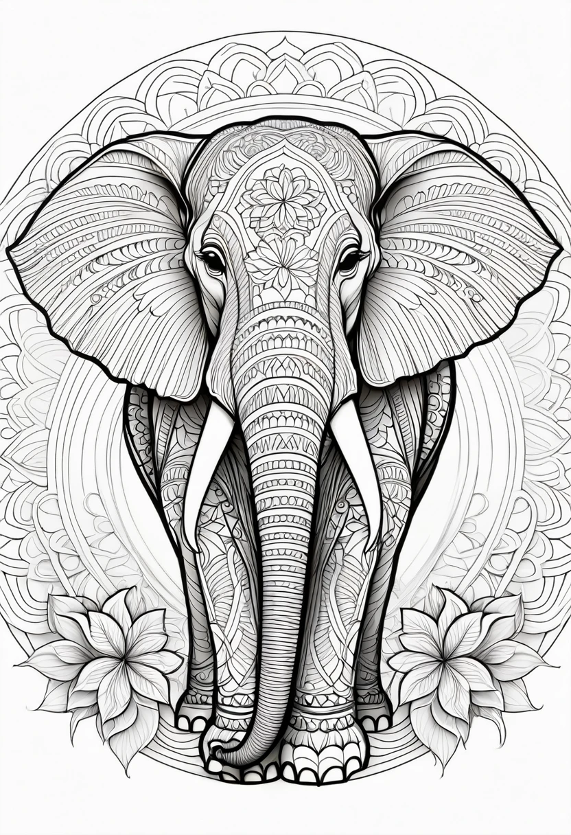 A striking black and white line art coloring page designed for adults with white background, featuring a majestic Asian Elephant in a mandala-inspired style. The Asian Elephant is adorned with intricate patterns that include floral and geometric designs, making it an engaging and detailed work of art. The illustration focuses on crisp, clean lines and bold outlines, without any shading or color, allowing the user to bring their own vibrancy to the piece. The minimalistic design, with its thick lines and absence of background details, creates a soothing coloring experience for adults seeking calming and creative activities. illustration