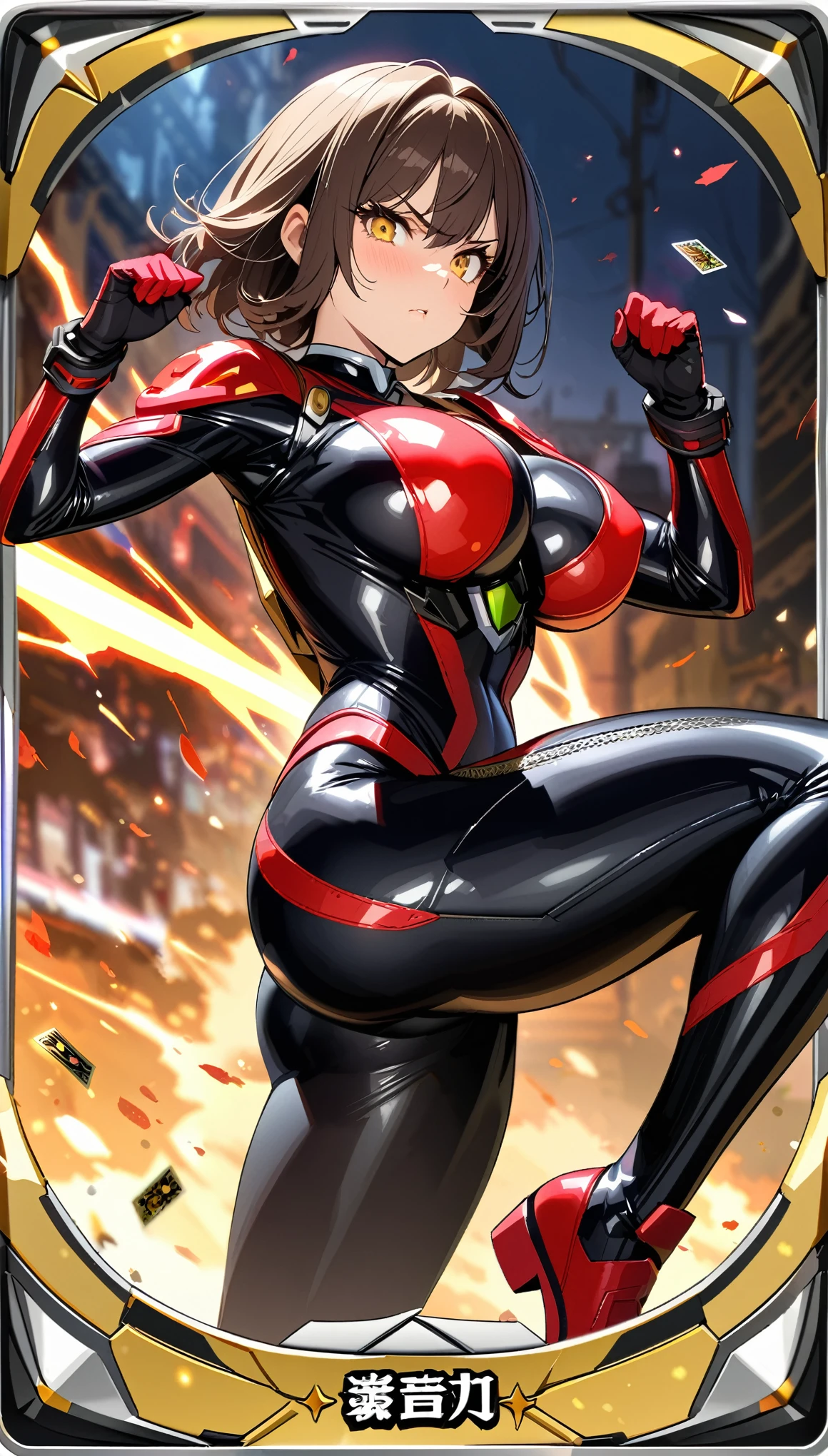 (masterpiece:1.2,Highest quality,Highest quality,High resolution,Very detailed),8k,1 female,Mature female heroine,Female Kamen Rider,(Dynamic fighting poses:1.5),(Dynamic hair movement:1.2),(short hair),(Shiny Kamen Rider Suit),(Glowing Skin,Big eyes,Droopy eyes,Long eyelashes,Beautiful thighs,Beautiful Hair,Beautiful Face,Beautiful Eyes,Beautiful body,Beautiful breasts,Beautiful feet,Beautiful fingers),((hands)),((Rider Kick)),(Serious),(The background is Prism Flash),((Beautiful trading cards,Gold Card)),((kamanrider))