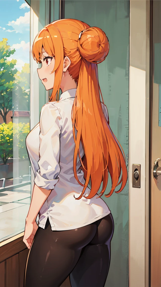 (Highest quality, 8k, masterpiece :1.3),Mrs. Yuigahama,ガハMom, As I expected, my youth romantic comedy is wrong。, One woman,Bun Hair,30 years old,Mom,Orange Hair,orgasm,Sexy pose,back,Big Ass,leggings,透けるTbackパンツ,