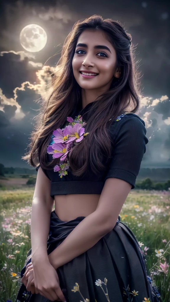 masterpiece, best quality, 1girl, (colorful),(finely detailed beautiful eyes and detailed face),cinematic lighting,bust shot,extremely detailed CG unity 8k wallpaper,,solo,smile,intricate skirt,((flying petal)),(Flowery meadow) sky, cloudy_sky, building, moonlight, moon, night, (dark theme:1.3), light, fantasy,pooja1