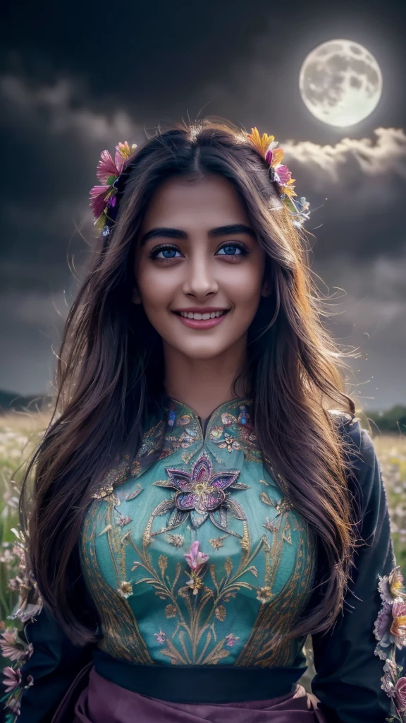 masterpiece, best quality, 1girl, (colorful),(finely detailed beautiful eyes and detailed face),cinematic lighting,bust shot,extremely detailed CG unity 8k wallpaper,,solo,smile,intricate skirt,((flying petal)),(Flowery meadow) sky, cloudy_sky, building, moonlight, moon, night, (dark theme:1.3), light, fantasy,pooja1