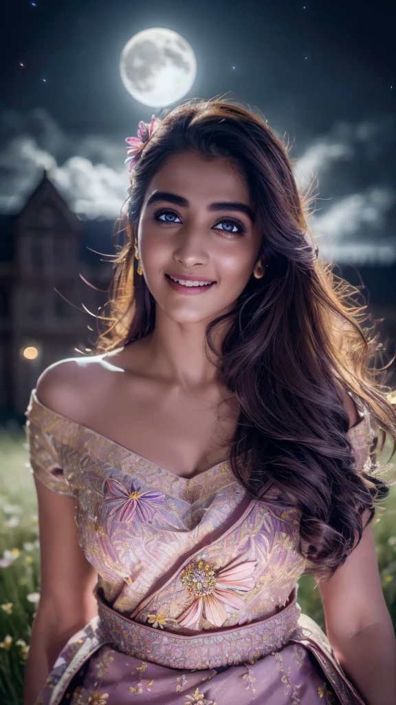 masterpiece, best quality, 1girl, (colorful),(finely detailed beautiful eyes and detailed face),cinematic lighting,bust shot,extremely detailed CG unity 8k wallpaper,,solo,smile,intricate skirt,((flying petal)),(Flowery meadow) sky, cloudy_sky, building, moonlight, moon, night, (dark theme:1.3), light, fantasy,pooja1