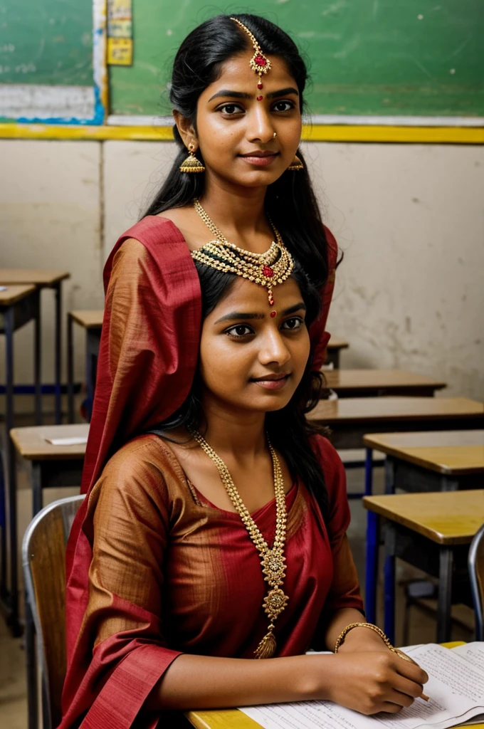 A delhi woman in a bindi jewelry in a classroom