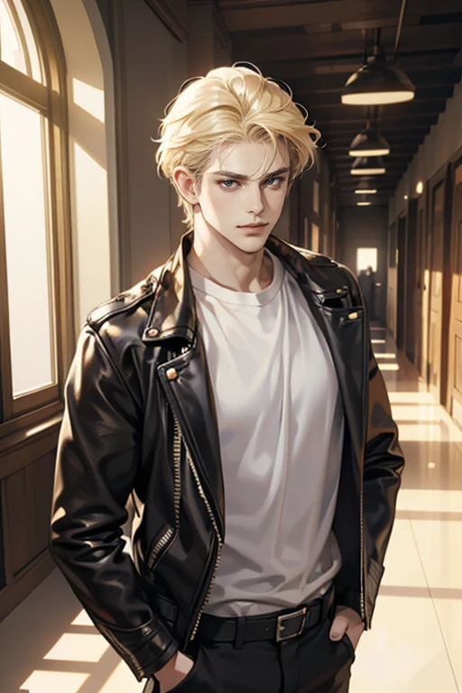 (tmasterpiece, high resolution, ultra - detailed:1.0), (1 boy, Young male, masculine face), Perfect male body, Adult male, Delicate eyes and delicate face, Extremely detailed CG, Unity 8k wallpaper, Complicated details, Detailed face, (blond hair, messy hair, serious faces, white T-shirt,Bad students), (frown,evil smile:1.3), hand in pocket, school corridor,black leather jacket, color difference, Depth of field, dramatic shadow, Ray tracing, Best quality, Cinematic lighting, offcial art,Portrait
