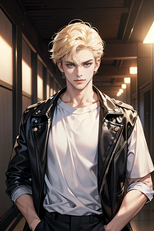 (tmasterpiece, high resolution, ultra - detailed:1.0), (1 boy, Young male, masculine face), Perfect male body, Adult male, Delicate eyes and delicate face, Extremely detailed CG, Unity 8k wallpaper, Complicated details, Detailed face, (blond hair, messy hair, serious faces, white T-shirt,Bad students), (frown,evil smile:1.3), hand in pocket, school corridor,black leather jacket, color difference, Depth of field, dramatic shadow, Ray tracing, Best quality, Cinematic lighting, offcial art,Portrait