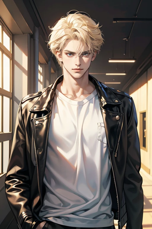 (tmasterpiece, high resolution, ultra - detailed:1.0), (1 boy, Young male, masculine face), Perfect male body, Adult male, Delicate eyes and delicate face, Extremely detailed CG, Unity 8k wallpaper, Complicated details, Detailed face, (blond hair, messy hair, serious faces, white T-shirt,Bad students), (frown,evil smile:1.3), hand in pocket, school corridor,black leather jacket, color difference, Depth of field, dramatic shadow, Ray tracing, Best quality, Cinematic lighting, offcial art,Portrait