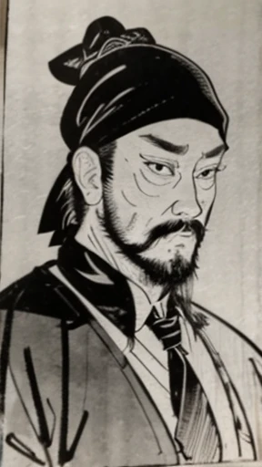 (((Monochrome)))、(((Tie your hair、Bearded young man in armor wearing a black swimming cap)))、（（Ancient Chinese Armor Men））、（Ink Painting）、Highest quality、masterpiece、Ultra-high resolution、(Realistic:1.4)、Game Poster、The Three Bearded Men of the Kingdom,Oriental、As seen in the Romance of the Three Kingdoms々military commander、Crisp and beautiful image quality ,(Skin of color)、 gloves, Long trousers, (Very detailed, bloom:1.5), (Highest quality, Concept Art, 4K), (analog:1.2), (high sharpness), (Detailed pupil:1.1),, Detailed face and eyes, masterpiece, Highest quality, (Very detailed:1.1), 8k, photoRealistic, (PurerosFace_v1:0.2), [:(Detailed face:1.2):0.2], sharp, Realistic, Realistic Shadow, 