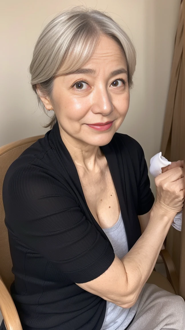 (((Sit on a chair))), (((From thighs to face))), (65-year-old woman:1.5), (((Mature Woman: 1.5))), ((Realistic skin texture)), (皮膚全体にFine wrinklesが現れる: 1.3), (Dullness: 1.1), (Unmoisturized skin: 1.2) , (Facial wrinkles: 1.2), (Wrinkles around the eyes: 1.5), double eyelid, Lower eyelid tear sulcus, (Crying Mole: 0.9), (Her chest has many wrinkles..4),old woman, Fine wrinkles (old woman in Japan), (Aged face), Mature Woman, #美しいMature Woman, Prostitute、1 person,,Big Breasts, Laughter,masterpiece,Highest quality, Bodycon,