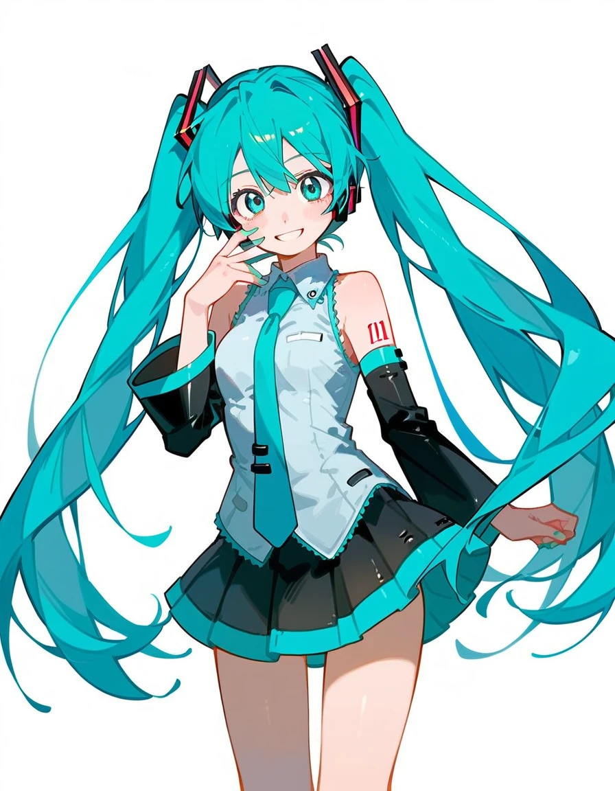 score_9, score_8_up, score_7_up, score_6_up, BREAK, source_anime, 1girl, hatsune_miku, cowboy shot, smile, looking at viewer, solo, simple background