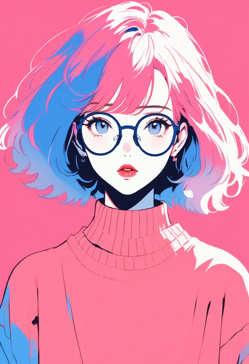 Illustrator, Japanese Manga , Actual ,sketch , 1 girl, ,lips, sweater,order,Pink Hair,Round Glasses,Short Bob, Blue gradient background, Neon Hair,Textured Crops, Similar to me, (masterpiece,Highest quality)