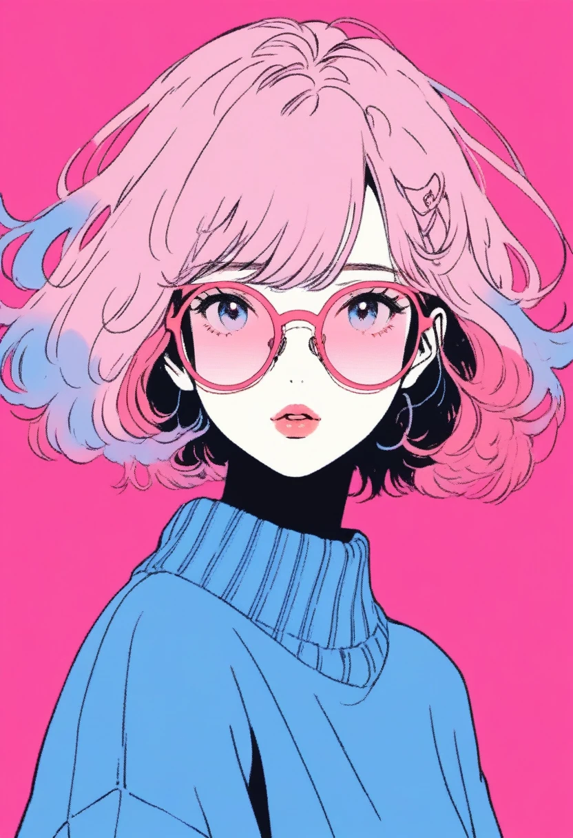 Illustrator, Japanese Manga , Actual ,sketch , 1 girl, ,lips, sweater,order,Pink Hair,Round Glasses,Short Bob, Blue gradient background, Neon Hair,Textured Crops, Similar to me, (masterpiece,Highest quality)