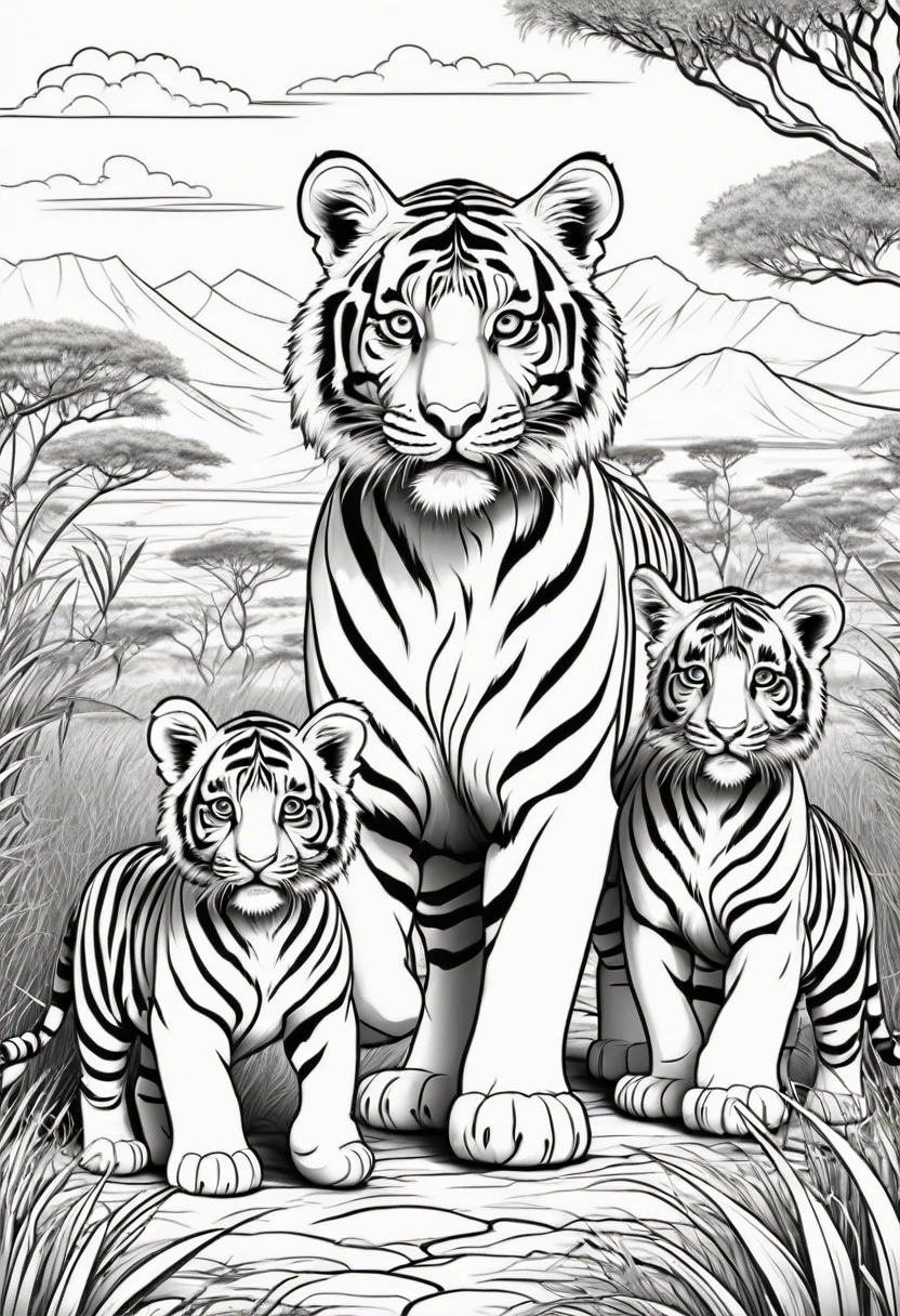 Coloring page for kids, Tiger with 2 tiger cubs in the grassy highlands of Africa with many bushes, cartoon style, linhas grossas