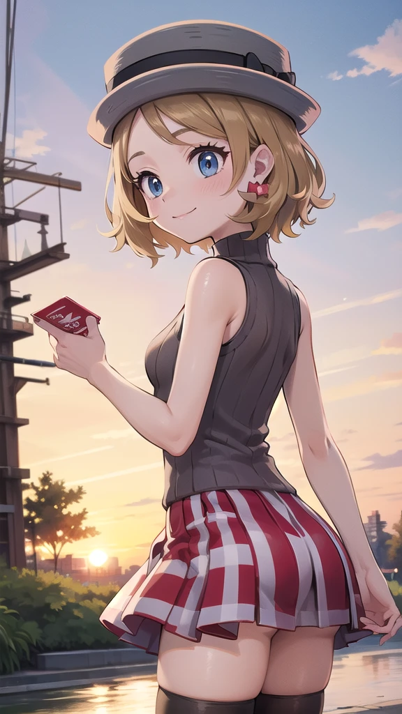 Masterpiece, perfect lighting, (beautiful, Best quality: 1.3), Perfect eyes, perfect anatomy, absurd, 8k, ccserena, solo, short hair, smile, in loved, (gray hats: 1.2), earrings, eyelashes, blue eyes, gray sweater, vest , sleeveless turtleneck, bare arms, plaid skirt, red skirt, thigh highs, black stockings, from behind, in the park at sunset
