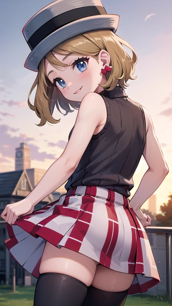Masterpiece, perfect lighting, (beautiful, Best quality: 1.3), Perfect eyes, perfect anatomy, absurd, 8k, ccserena, solo, short hair, smile, in loved, (gray hats: 1.2), earrings, eyelashes, blue eyes, gray sweater, vest , sleeveless turtleneck, bare arms, plaid skirt, red skirt, thigh highs, black stockings, from behind, in the park at sunset