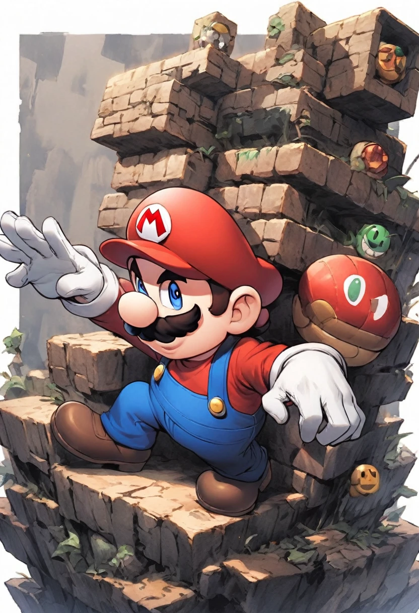 Gangsta Mario, with his left hand, stacking up W using his fingers, using typical Super Mario level for background. 