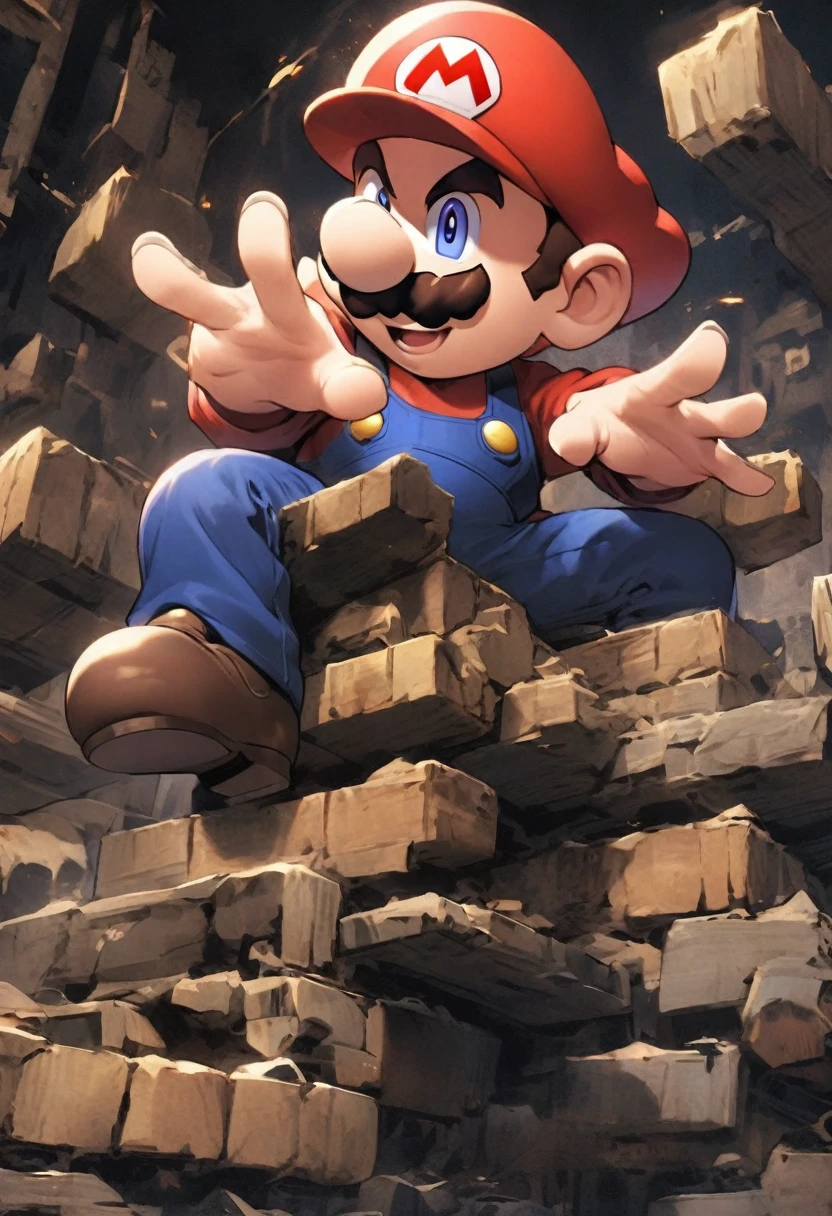 Gangsta Mario, with his left hand, stacking up W using his fingers, using typical Super Mario level for background.