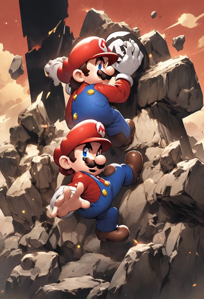Gangsta Mario, with his left hand, stacking up W using his fingers, using typical Super Mario level for background.