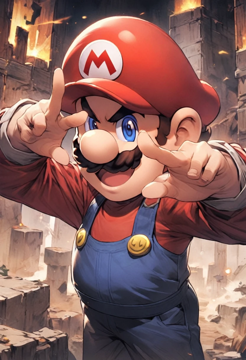 Gangsta Mario, with his left hand, stacking up W using his fingers, using typical Super Mario level for background.