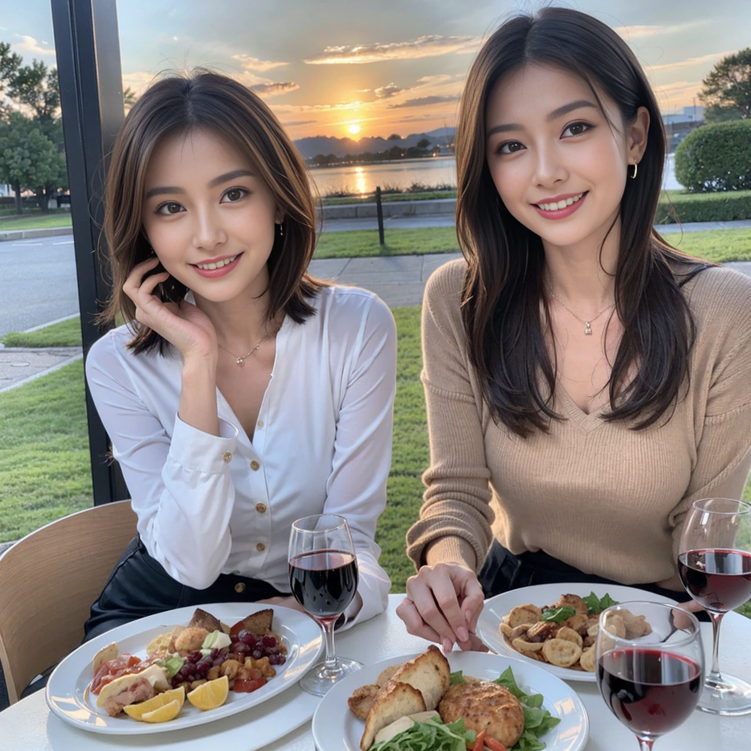 （Realistic:1.1）,(masterpiece,Highest quality)，8k,(44 years old), 42 years old, slimカップル、Model Couple、actress/actor、Tight waist,Upper Body,full-course dinner、wine 、Amazing view of the sunset sky and clouds、Perfect Anatomy, Brown Hair, short hair,Random Hairstyles,((Highly detailed face and eyes:1.2))(cute顔:1.4)，美しいactressの顔，Perfect golden ratio face，Long sleeve shirt、dress,(smile:1.2)、Shortcuts、cute、(Realistic, Intricate details:1.2), A bright smile、short hair,Bright Face、赤wine 、Appetizers、Italian food、wine bottle、Champagne、スパークリングwine、(slimな顔), (The body is slim), (Brown Hair), (Shortcuts),  Upper Body, 白wine, slim, wineグラス, 