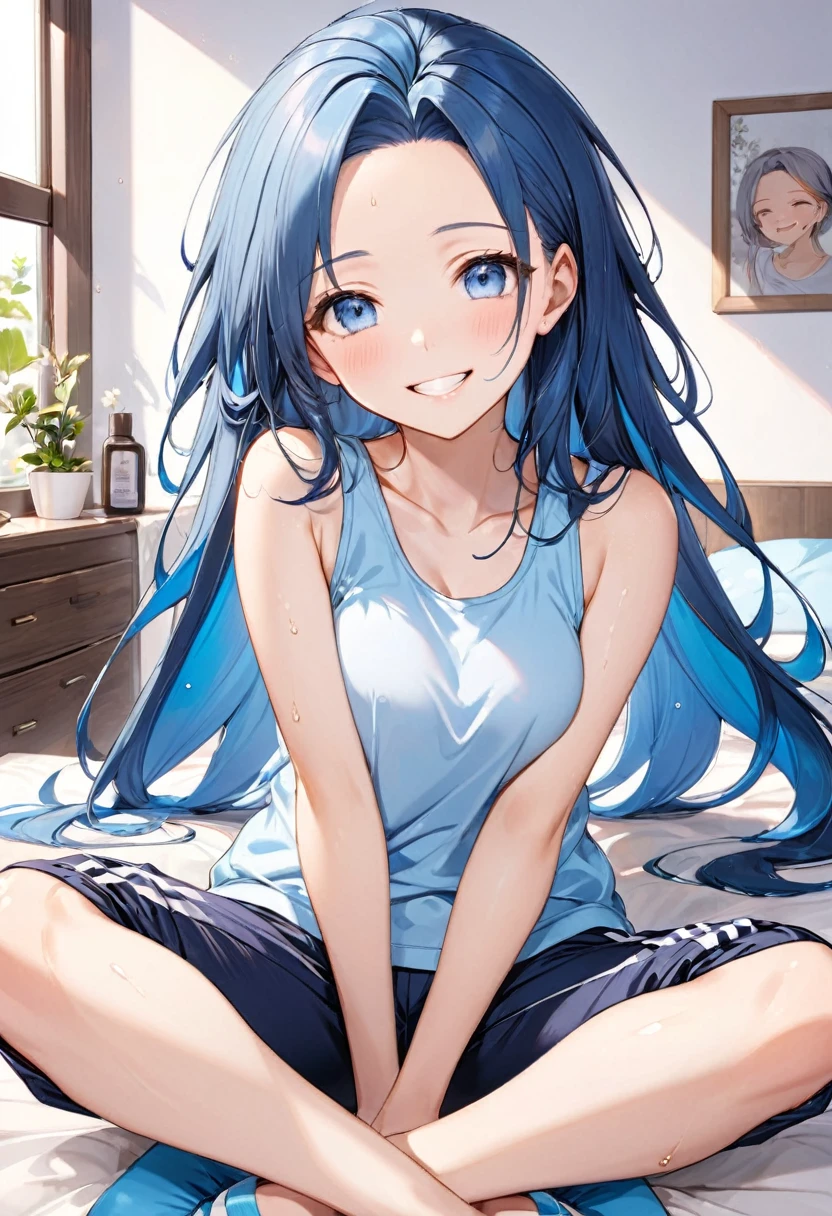(relax style) (sitting, spread legs, crossed ankles), (soro:2, 15 yo, forehead blue hair long hair cute girl, lovely blue eyes, grin smile, love smile), in a casual tank top, Sweat pants, break, in the cute bedroom, BREAK, perfect anatomy, masterpiece, best quality, 16k, beautiful detailed grow, daydreaming expression.