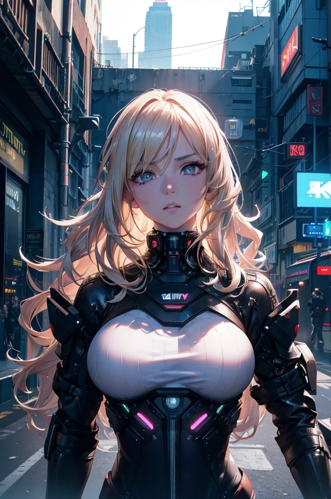 cyberpunk, latex, blonde hair, wavy  hair, silver eyes, s, girl, big breasts, (best quality,4k,8k,highres,masterpiece:1.2),ultra-detailed,(realistic,photorealistic,photo-realistic:1.37),intricate details, cinematic lighting, highly detailed face, extremely detailed eyes and face, beautiful detailed eyes, beautiful detailed lips, longeyelashes, dramatic pose, dynamic action, neon lights, futuristic city, advanced technology, glowing highlights, vivid colors