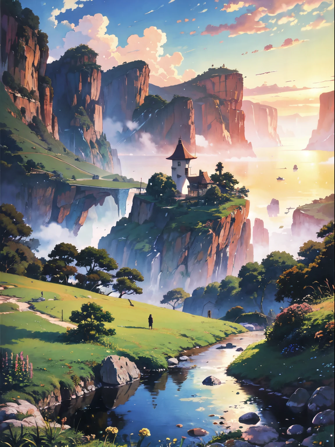 Practical, for real, Beautiful and stunning landscape oil painting Hayao Miyazaki Studio Ghibli'Petal grassland with blue sky and white clouds--v6