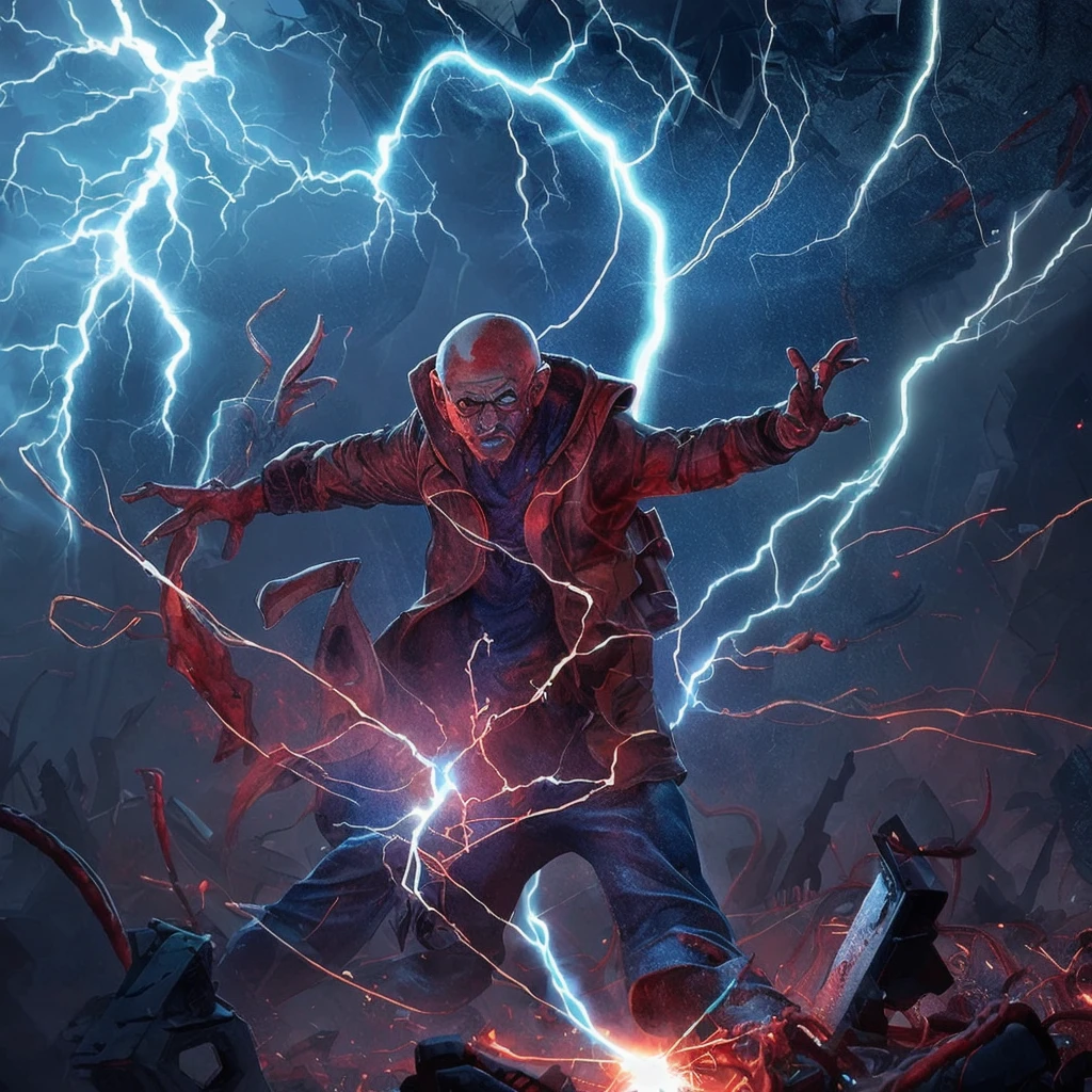 cult of Cthulhu swirls of [red|blue] sparks  starship broken phone charger in half in an cyberterrorist scene, cinematic lightning sunrays and lightning bolts