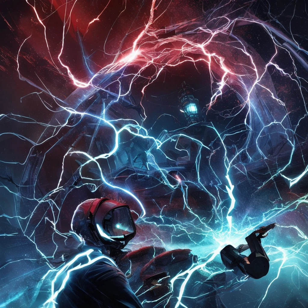 cult of Cthulhu swirls of [red|blue] sparks  starship broken phone charger in half in an cyberterrorist scene, cinematic lightning sunrays and lightning bolts