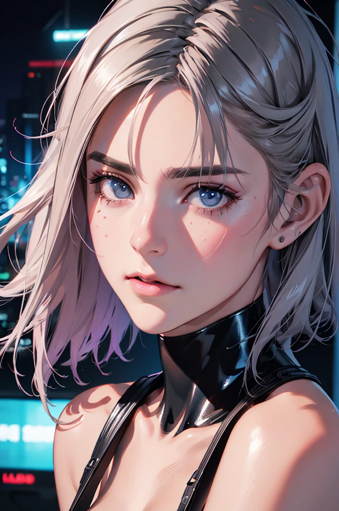 cyberpunk, latex, silver hair, short hair, silver eyes,  girl, big breasts, (best quality,4k,8k,highres,masterpiece:1.2),ultra-detailed,(realistic,photorealistic,photo-realistic:1.37),intricate details, cinematic lighting, highly detailed face, extremely detailed eyes and face, beautiful detailed eyes, beautiful detailed lips, longeyelashes, dramatic pose, dynamic action, neon lights, futuristic city, advanced technology, glowing highlights, vivid colors