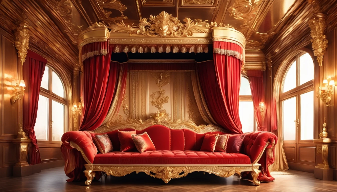 (masterpiece),(highest quality), highres, (extremely detailed), (best lighting) Luxurious carriage interior, compartment, carriage, cramped space, baroque, renaissance, one large opulent crimson sofa in front, small windows with crimson curtains on both sides, wooden panelled walls, shining reflective wooden floors, golden lamp above, apliques, small table beside sofa, carved reflective baroque ceiling with floral pattern, crisp image quality, symmetrical environment