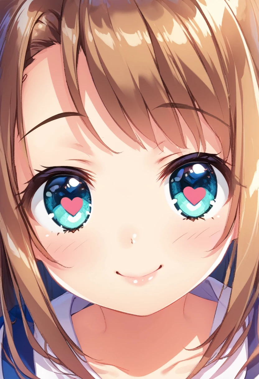 1girl, tiny girl, young girl, mesugaki, mesugaki smile, Teasing, naughty looks, heart eyes, A girl who puts her own Clenched fist to her own head, A girl tapping her own head, tidy, Focus on the girl, glossy skin, oily skin, Close-up of the face, Masterpiece:2, Top Quality, high Quality, Very Detailed, ultra High Resolution, super High Resolution, Beautiful Detail, Dynamic angles, perfect lighting, 8k, Animation Style, cartoon style, game cg, sfw,