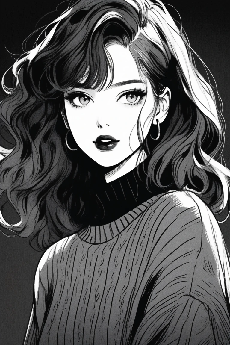 (best quality, sketch:1.2),realistic,illustrator,anime,1 girl, detailed lips, sweater, custom, bright expression, textured cropping, masterpiece, style retro classic, noir dark 