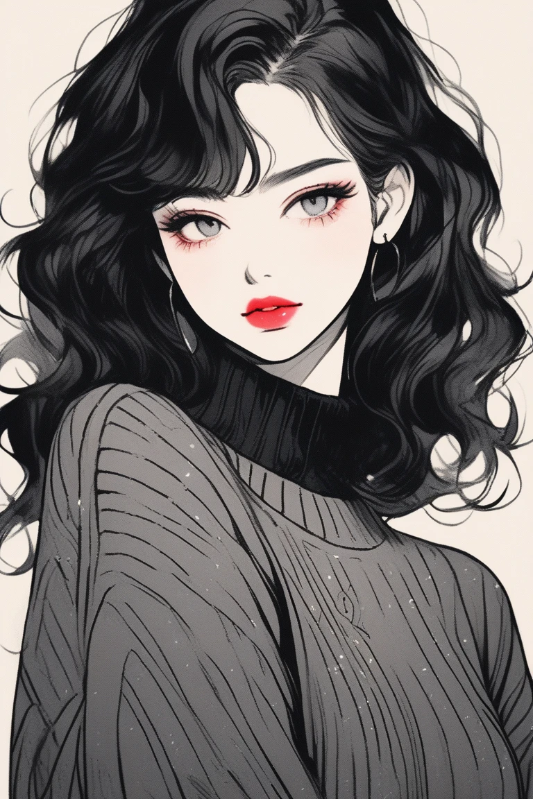 (best quality, sketch:1.2),realistic,illustrator,anime,1 girl, detailed lips, sweater, custom, bright expression, textured cropping, masterpiece, style retro classic, noir dark