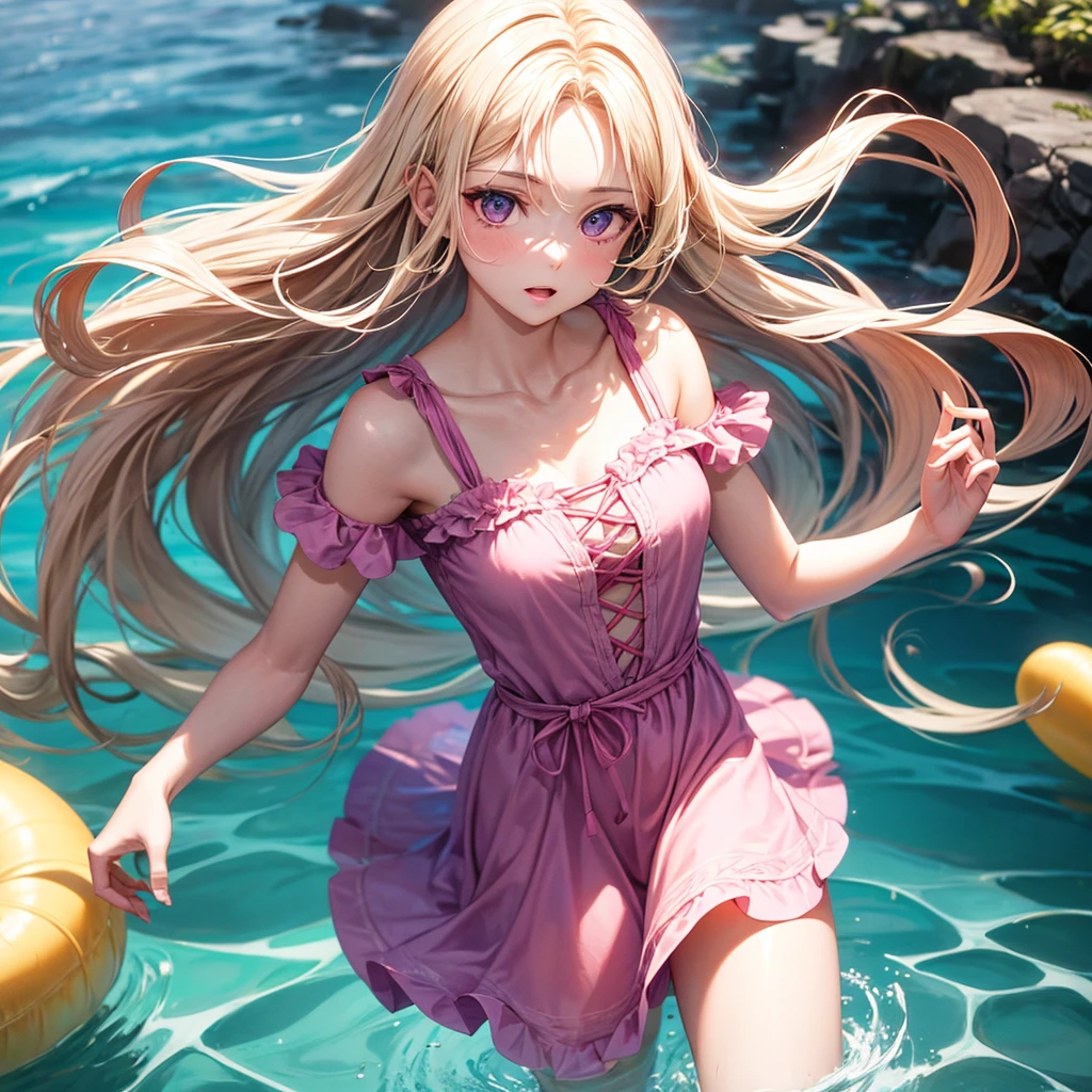 Generate an image of a girl with light skin, her right eye is purple and her left eye is green, she has long wavy blonde hair, she is wearing a float short pink dress