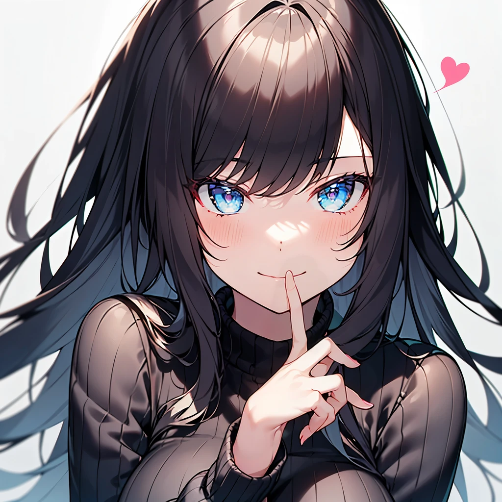 (finger to mouth) ((masterpiece, best quality, ultra detailed face)) 1 girl, cute, beautiful, perfect fingers, smile, black hair, long hair, portrait, heart, white background, sweater,
