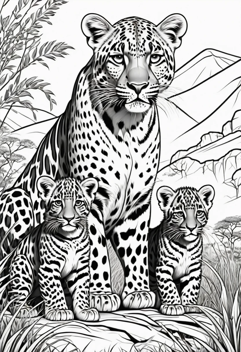 Coloring page for kids, Leopard with 2 tiger cubs in the grassy highlands of Africa with many bushes, cartoon style, linhas grossas