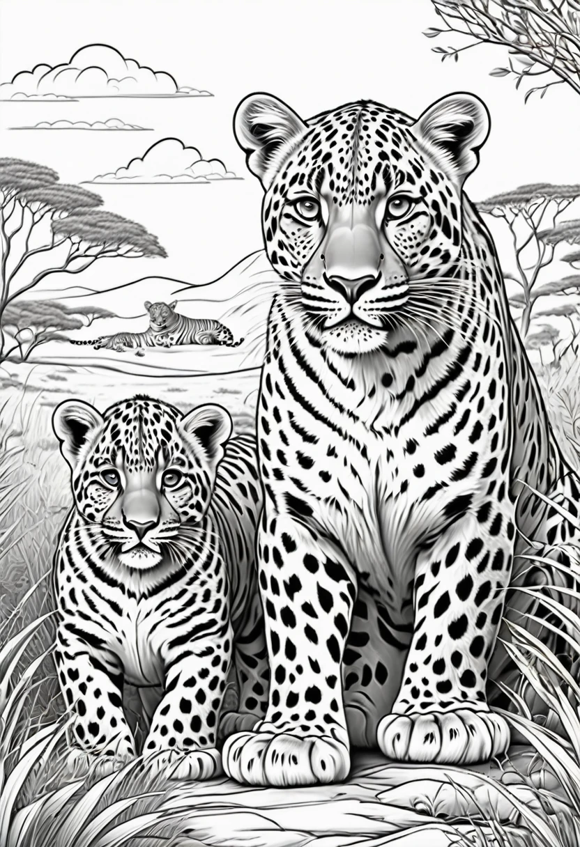 Coloring page for kids, Leopard with 2 tiger cubs in the grassy highlands of Africa with many bushes, cartoon style, linhas grossas