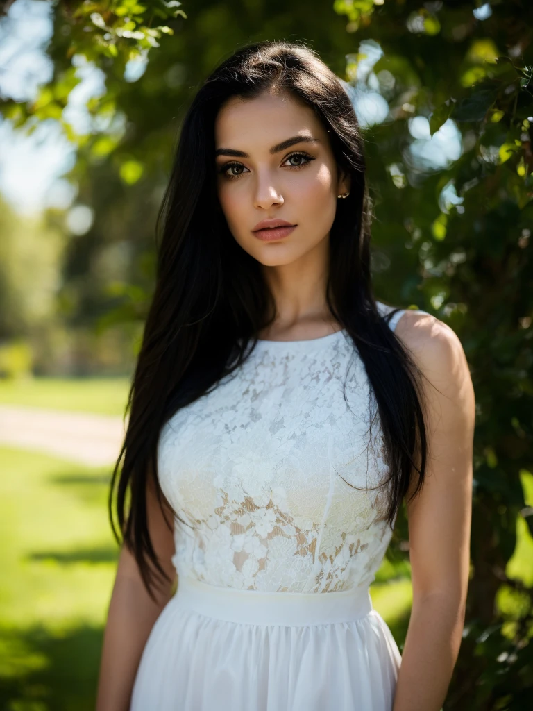 a beautiful detailed portrait of a young woman with long black hair, wearing a white dress, standing in a park, photorealistic, ultra-detailed, hyperrealistic, 8k, highly detailed face, striking eyes, full lips, porcelain skin, cinematic lighting, vivid colors, dramatic shadows, intricate details, delicate features, elegant pose, serene expression, lush greenery in the background, dappled sunlight, atmospheric, moody, captivating