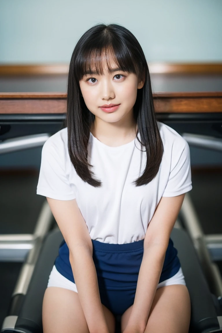 8k、high resolution、masterpiece、realistic、In detail、Fine texture、portrait from head to toe、high contrast、alone、high school girl、natural body shape、white skin、natural makeup、black hair、bangs、straight long hair、((School-specified gym clothes)), ((The upper body is a long, short-sleeved white gym uniform.、The lower body is high leg cut dark blue tight bloomers))、sitting with legs apart、big breasts、、((The upper body is wearing small gym clothes))、((school classroom))、looking at the camera、、full body photo、focus on crotch、thighs exposed、white socks、white shoes