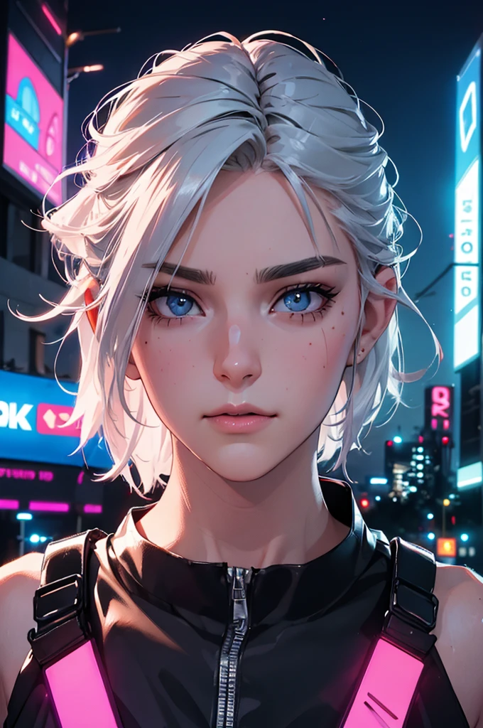cyberpunk, latex, silver hair, short hair, silver eyes, girl, big breasts, (best quality,4k,8k,highres,masterpiece:1.2),ultra-detailed,(realistic,photorealistic,photo-realistic:1.37),intricate details, cinematic lighting, highly detailed face, extremely detailed eyes and face, beautiful detailed eyes, beautiful detailed lips, longeyelashes, dramatic pose, dynamic action, neon lights, futuristic city, advanced technology, glowing highlights, vivid colors