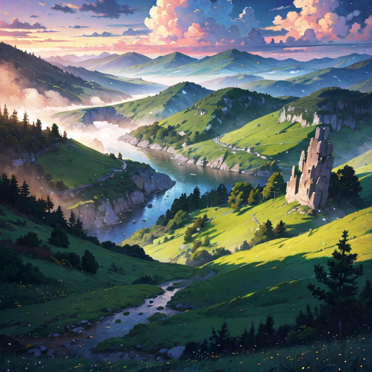 backdrop of far distant green mountains and forests with lush greenery north American terrain and landscape, north American countryside landscape, high detail, landscape wallpaper, hd country scape, scenic landscape, scenery, for real, Beautiful and stunning landscape oil painting, 4k hd, beautiful art uhd 4 k, a beautiful artwork illustration, beautiful digital painting, highly detailed digital painting, beautiful digital artwork, detailed painting 4 k, very detailed digital painting, rich picturesque colors, gorgeous digital painting, saturated Hayao Miyazaki Studio Ghibli&#39;Petal grassland with blue sky and white clouds--v6, no humans, no lakes, no rivers, no body of water, no close up trees, no roads