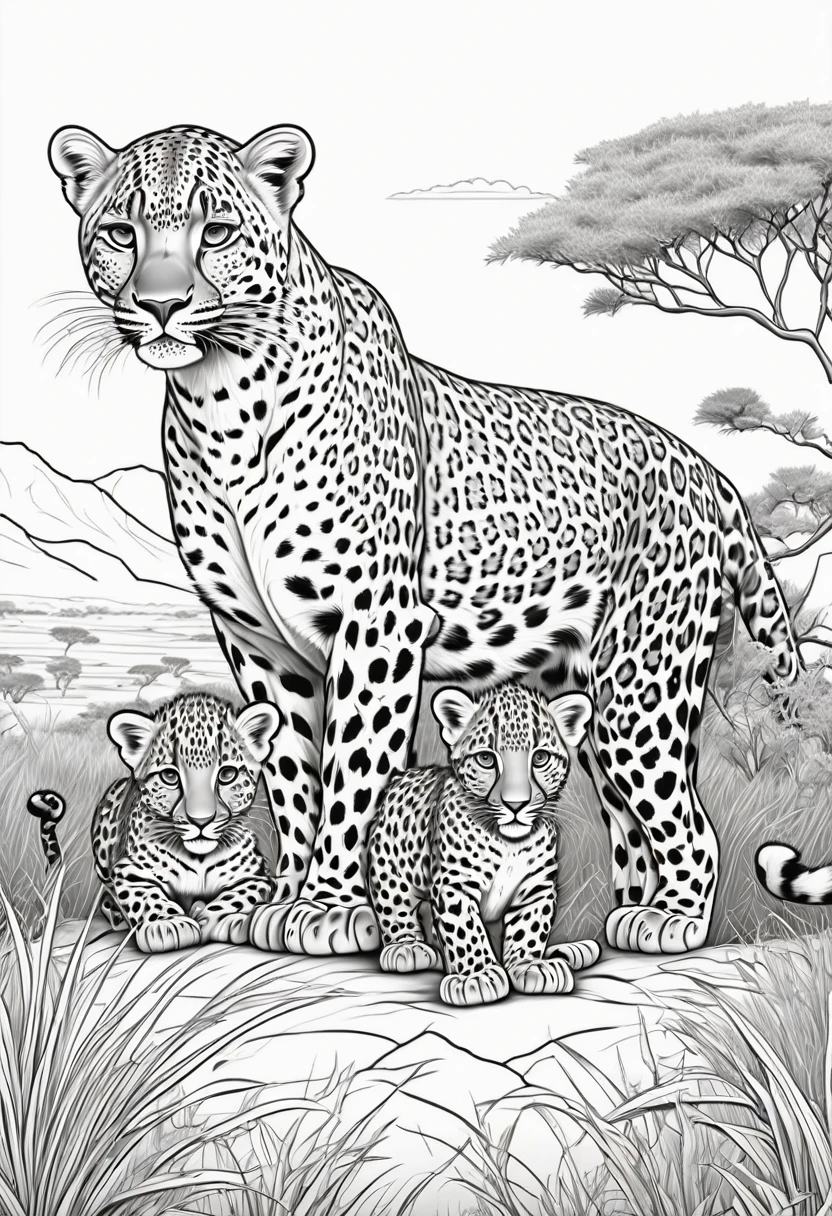 Coloring page for kids, Leopard with 2 leopard cubs in the grassy highlands of Africa with many bushes, cartoon style, linhas grossas