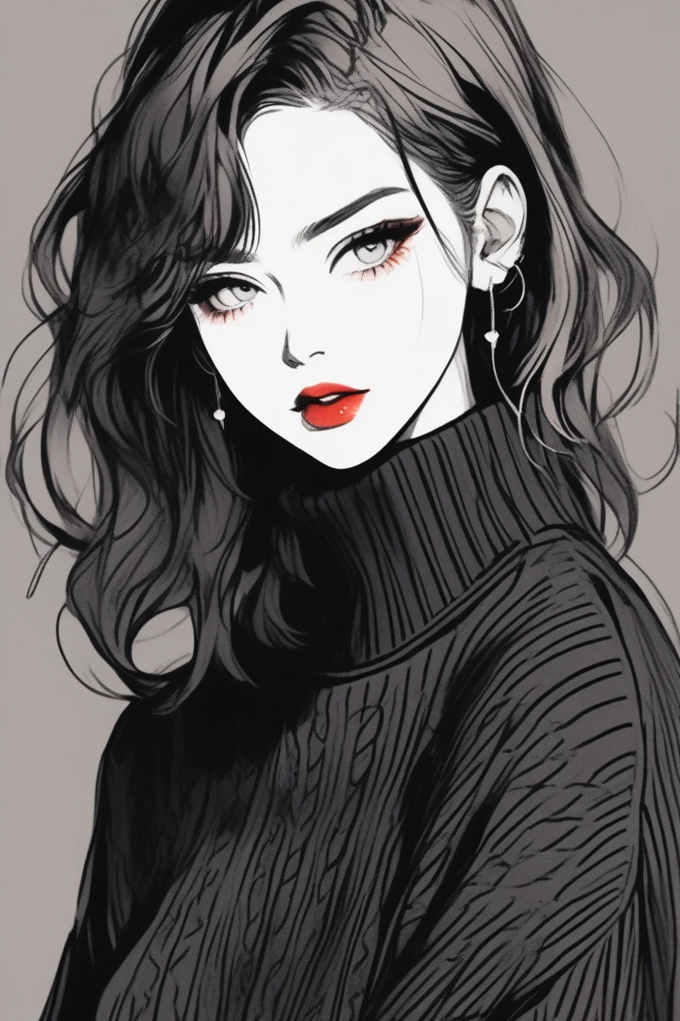 (best quality, sketch:1.2),realistic,illustrator,anime,1 girl, detailed lips, sweater, custom, bright expression, textured cropping, masterpiece, style retro classic, noir dark