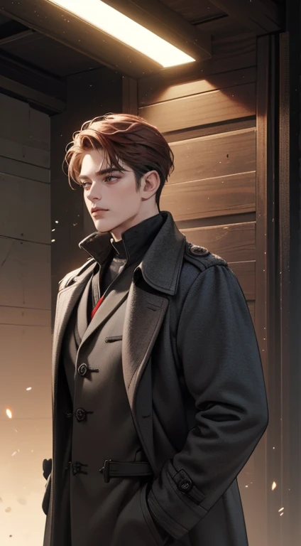 masterpiece, best quality, realistic, 1man, mature male, quiet and charming 1male, 30 years old, close his eyes, serious look, extremely detailed face, ((dark grey eyes)), ((short-right-swept dark red hair)), [thick eyebrows], detective, ((Dressed in a classic overcoat)), cinematic lighting, looking at the audience, posture dynamics.