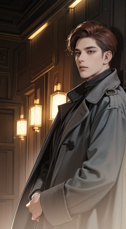 masterpiece, best quality, realistic, 1man, mature male, quiet and charming 1male, 30 years old, close his eyes, serious look, extremely detailed face, ((dark grey eyes)), ((short-right-swept dark red hair)), [thick eyebrows], detective, ((Dressed in a classic overcoat)), cinematic lighting, looking at the audience, posture dynamics.