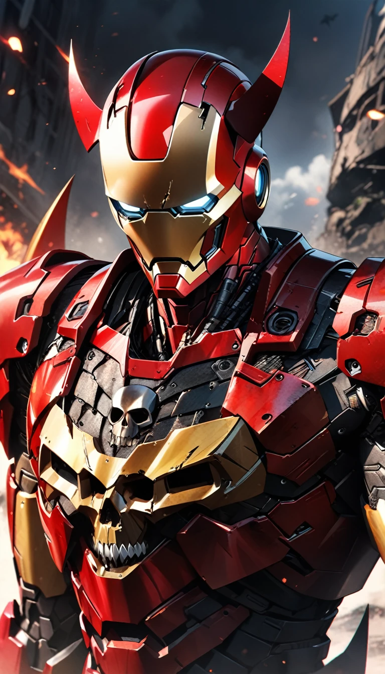 Adult man, iron man armor, demon elements, black elements, skull mask, Masterpiece, best quality, Full HD, 8k, ultra details, great graphic