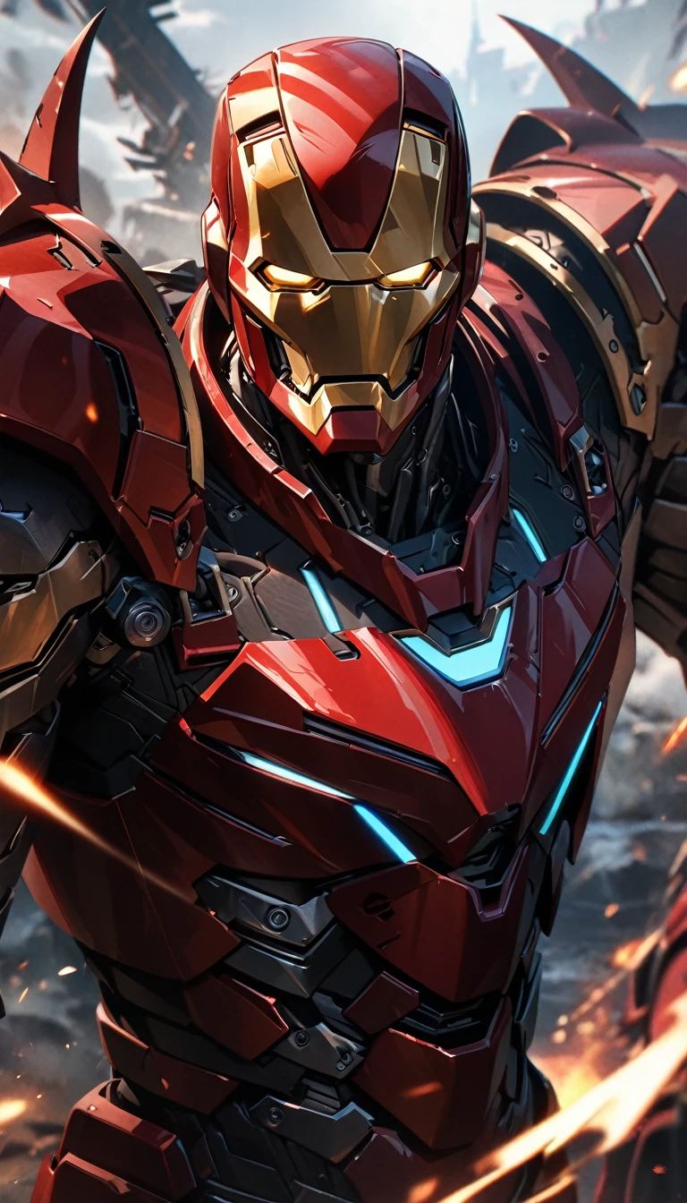 Adult man, iron man armor, demon elements, black elements, skull mask, Masterpiece, best quality, Full HD, 8k, ultra details, great graphic