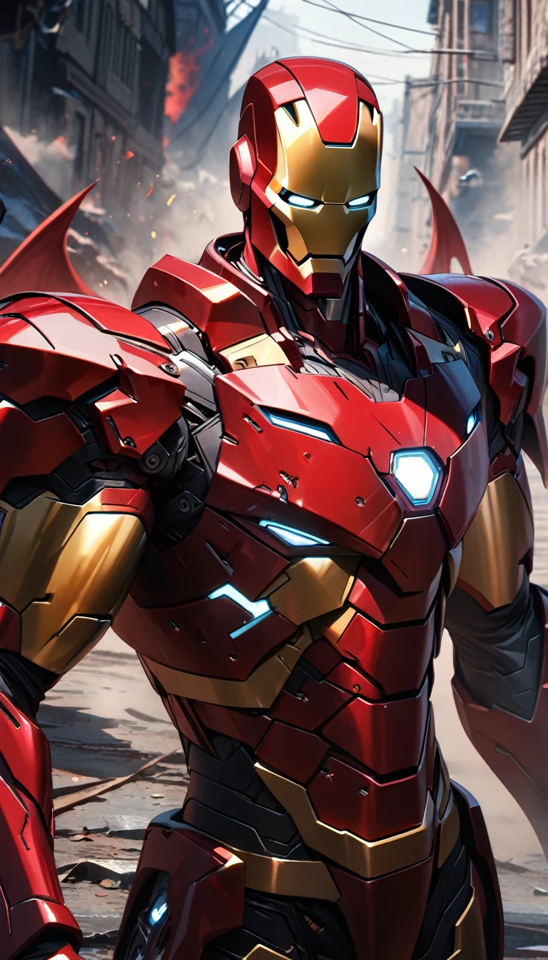 Adult man, iron man armor, demon elements, black elements, skull mask, Masterpiece, best quality, Full HD, 8k, ultra details, great graphic
